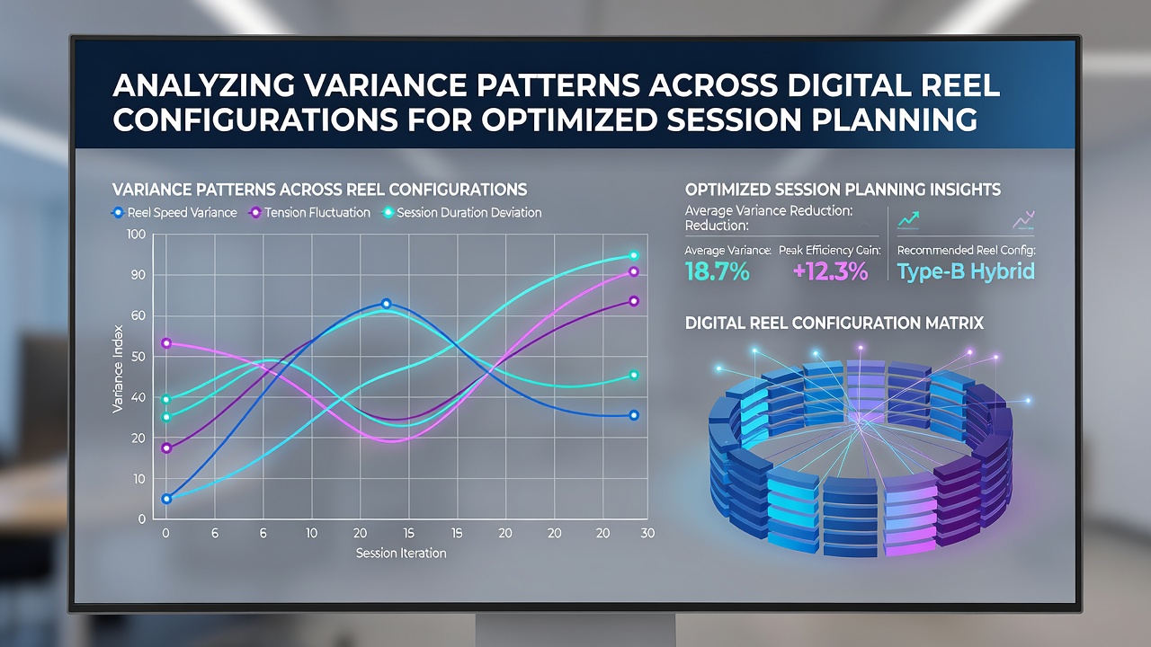 Digital reel configurations displayed on multiple slot machine screens showing variance indicators
