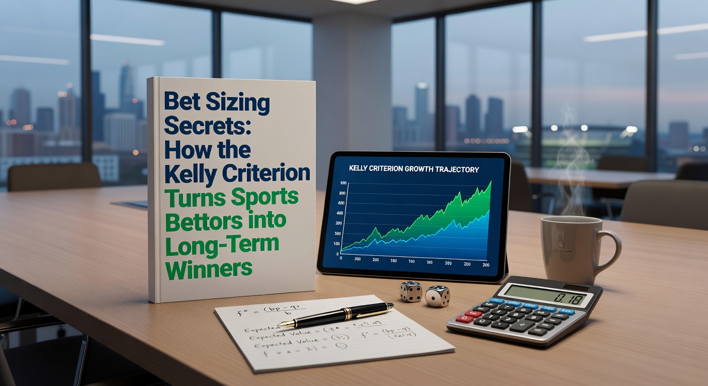 Sports bettor analyzing odds on multiple screens with Kelly formula overlaid, highlighting bankroll management dashboard