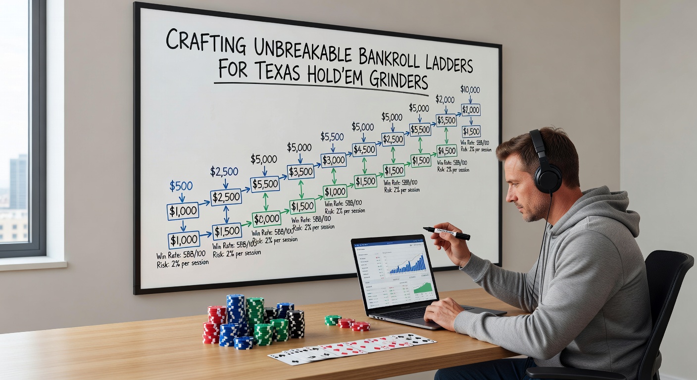 Detailed graph illustrating a bankroll ladder's upward trajectory with downswing dips and recovery points across multiple stakes