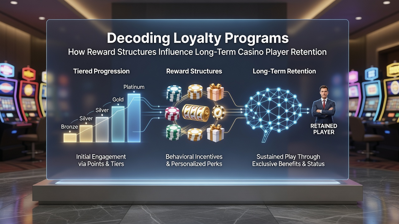 Casino floor scene with players interacting at loyalty program kiosks and reward stations