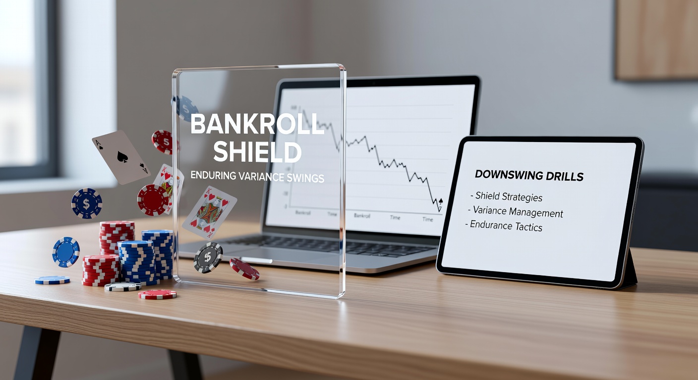 Poker player reviewing bankroll charts during a downswing session, with graphs showing variance fluctuations