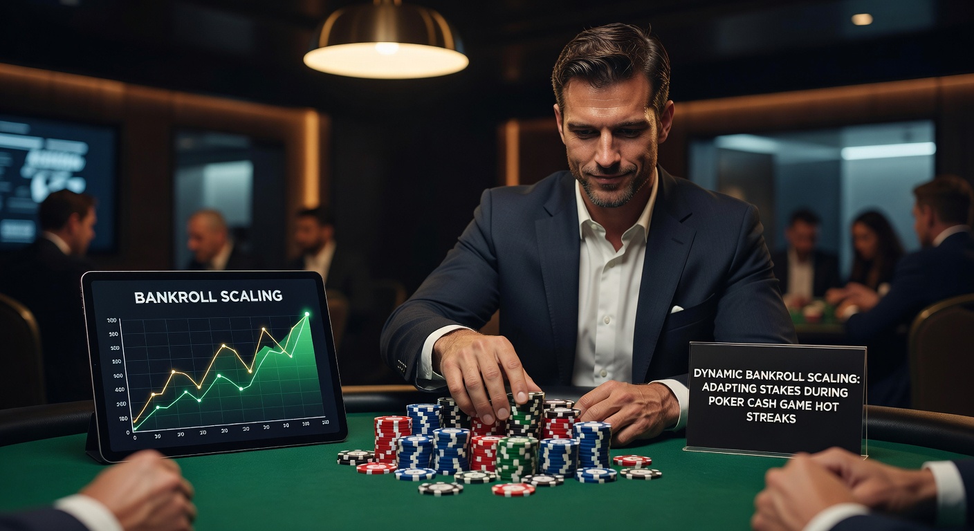 Poker player analyzing charts at a cash game table during a winning streak, with stack of chips growing