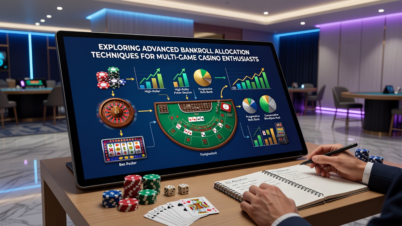 Multiple casino game interfaces displayed on screens showing allocation charts and statistics