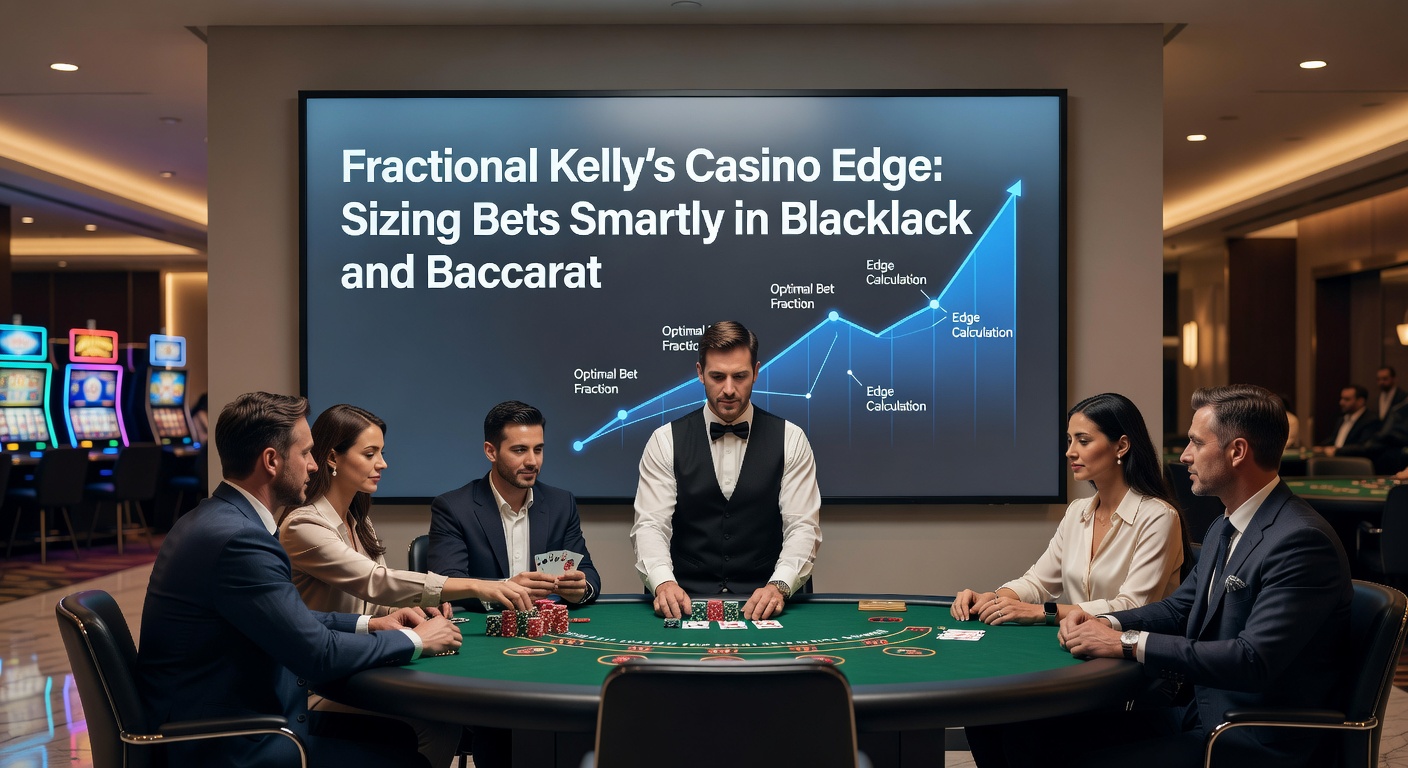 Casino table scene with blackjack cards and bet chips demonstrating optimal Kelly sizing in action