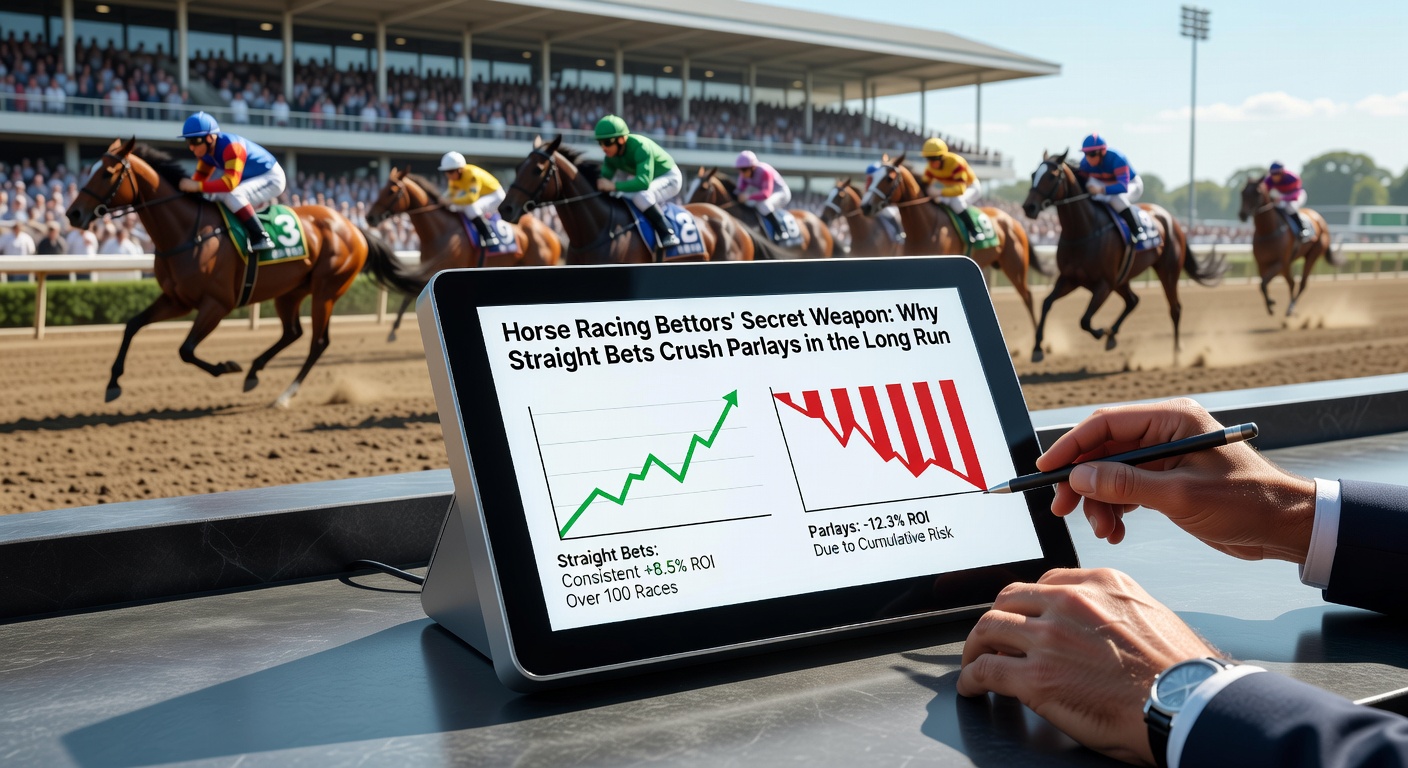 A vibrant horse racing track with bettors placing straight wagers amid a crowd under sunny skies, capturing the thrill of individual race outcomes