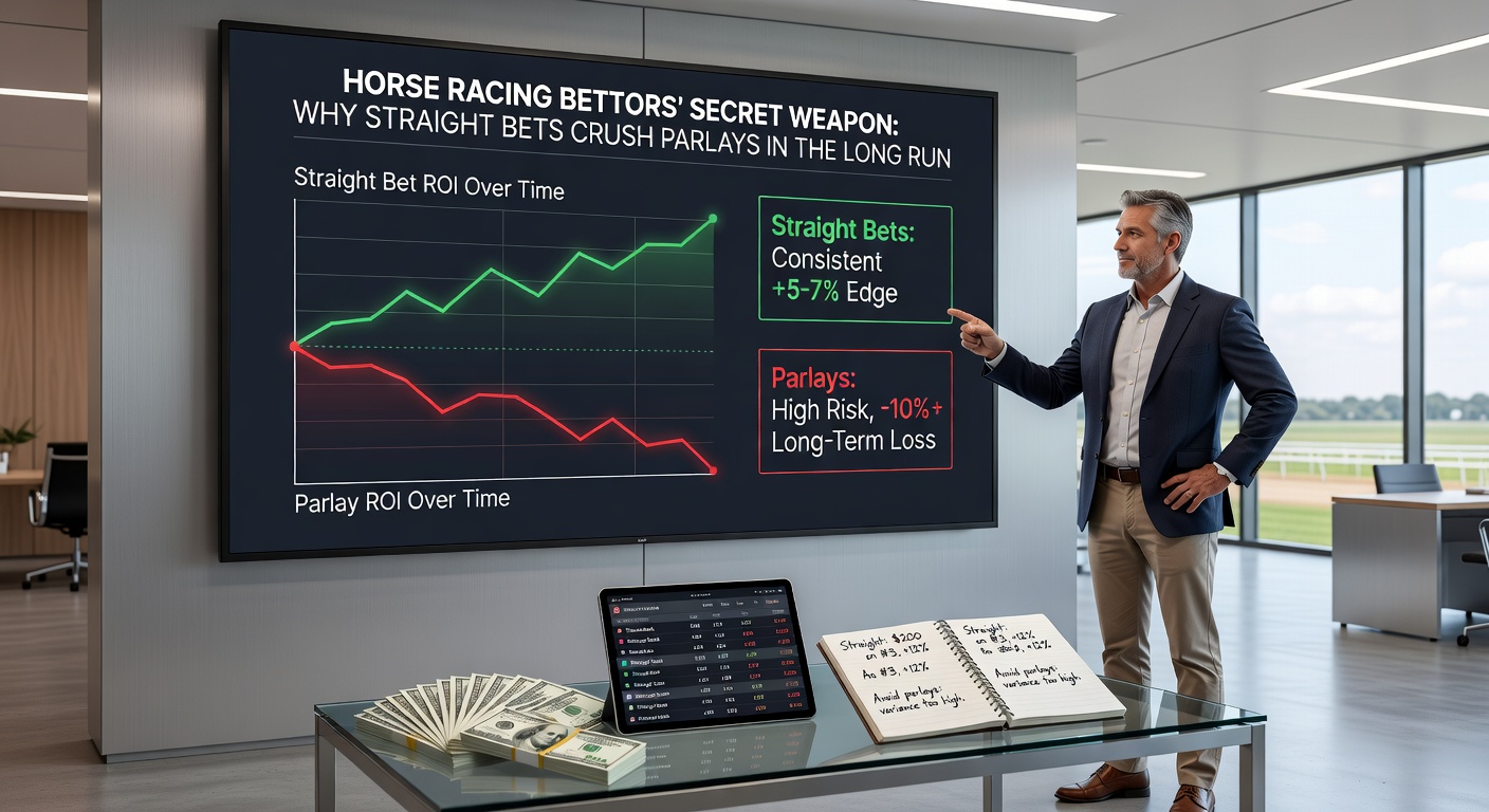 Close-up of a parlay ticket next to straight bet slips on a betting window counter, illustrating the contrast in risk and reward with odds boards in the background