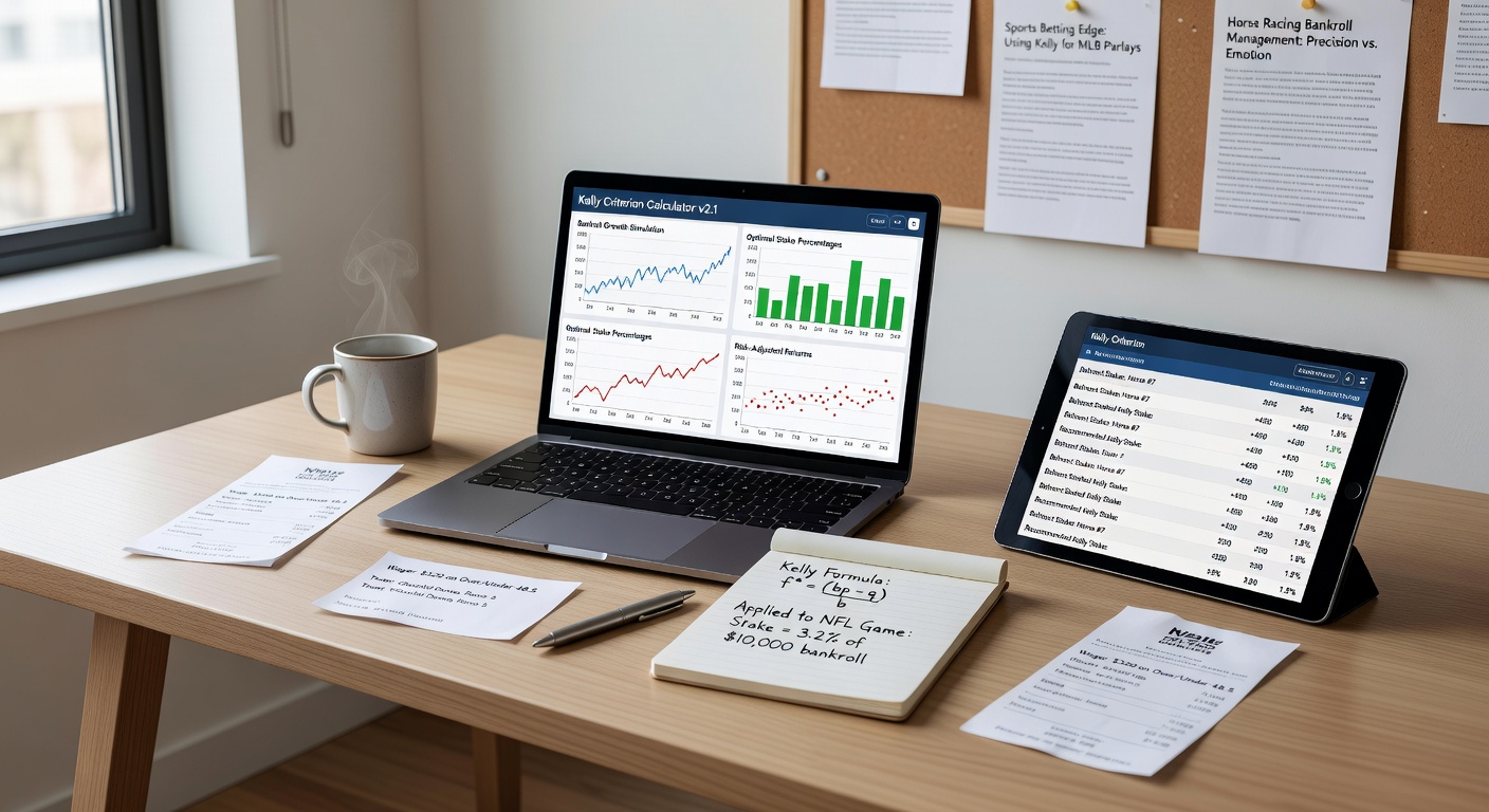 Sports betting dashboard displaying Kelly Criterion calculations for multiple horse racing selections, with stake percentages and projected growth charts