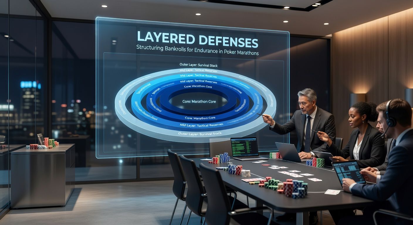 Poker players huddled around a table during an intense multi-day tournament, stacks of chips piled high as endurance tests the field