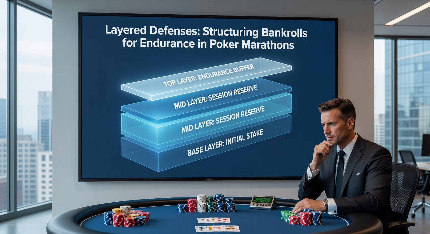 Close-up of a poker bankroll chart on a screen, layered pyramids illustrating reserves, active funds, and buffers during a late-night online marathon