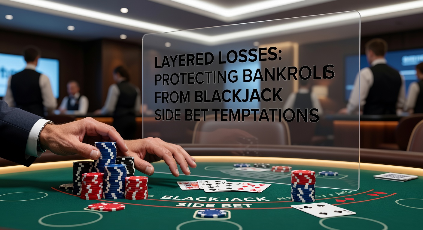 Close-up of a blackjack table showing colorful side bet options like Perfect Pairs and 21+3 amid stacks of chips and cards