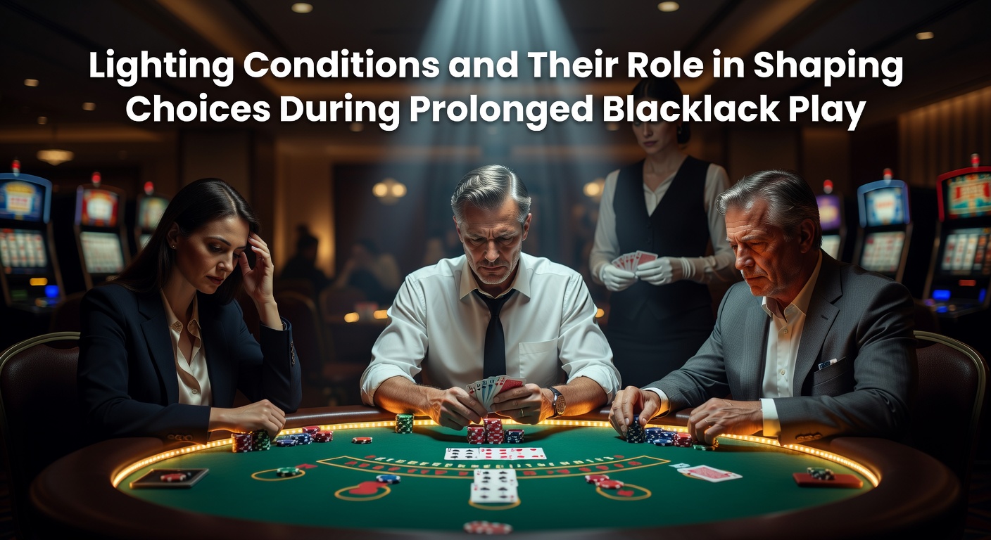 Casino floor with varied lighting setups over blackjack tables during evening hours