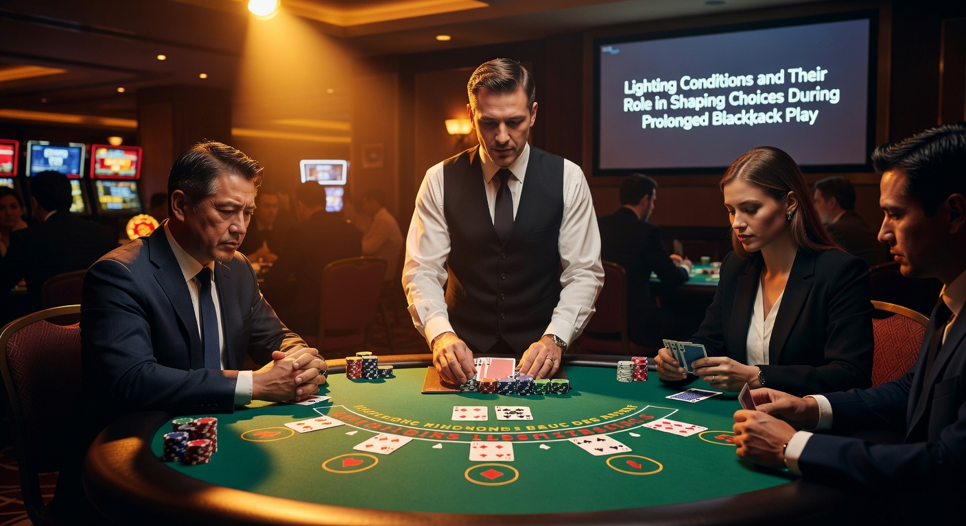 Close-up of blackjack table under mixed warm and cool lighting with chips and cards visible