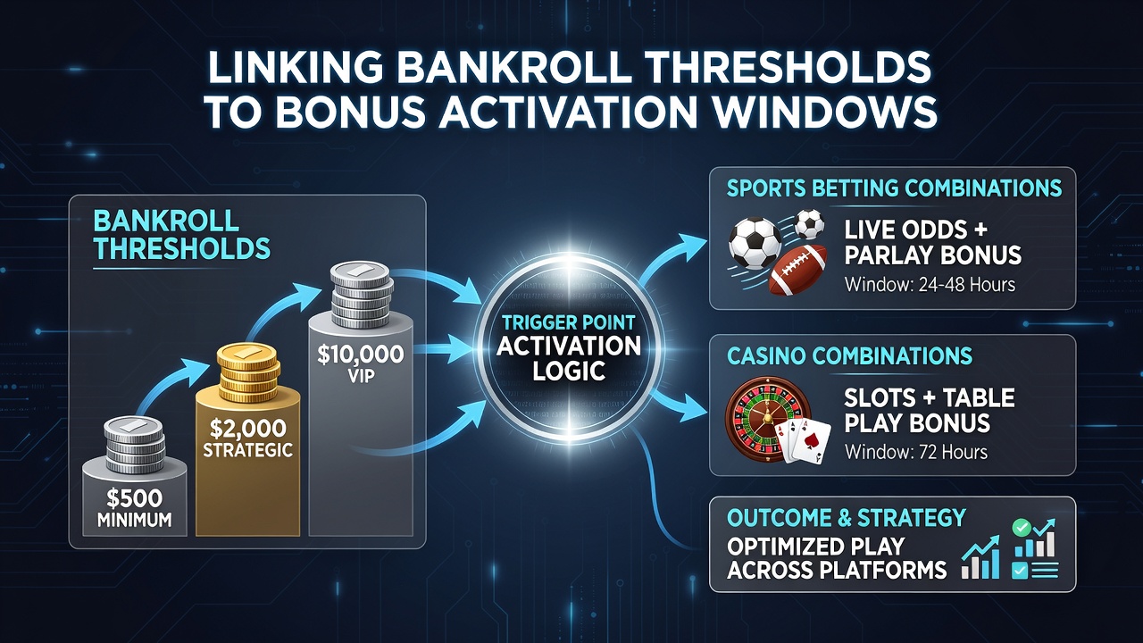 Chart displaying example bankroll thresholds and activation windows for combined sports and casino bonuses