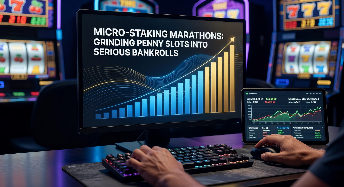 Close-up of a vibrant penny slot machine display showing low-denomination bets and jackpot counters during a marathon session