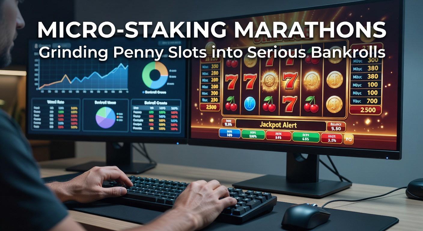 Player at a bank of penny slot machines, intently grinding a long session with a growing chip stack nearby