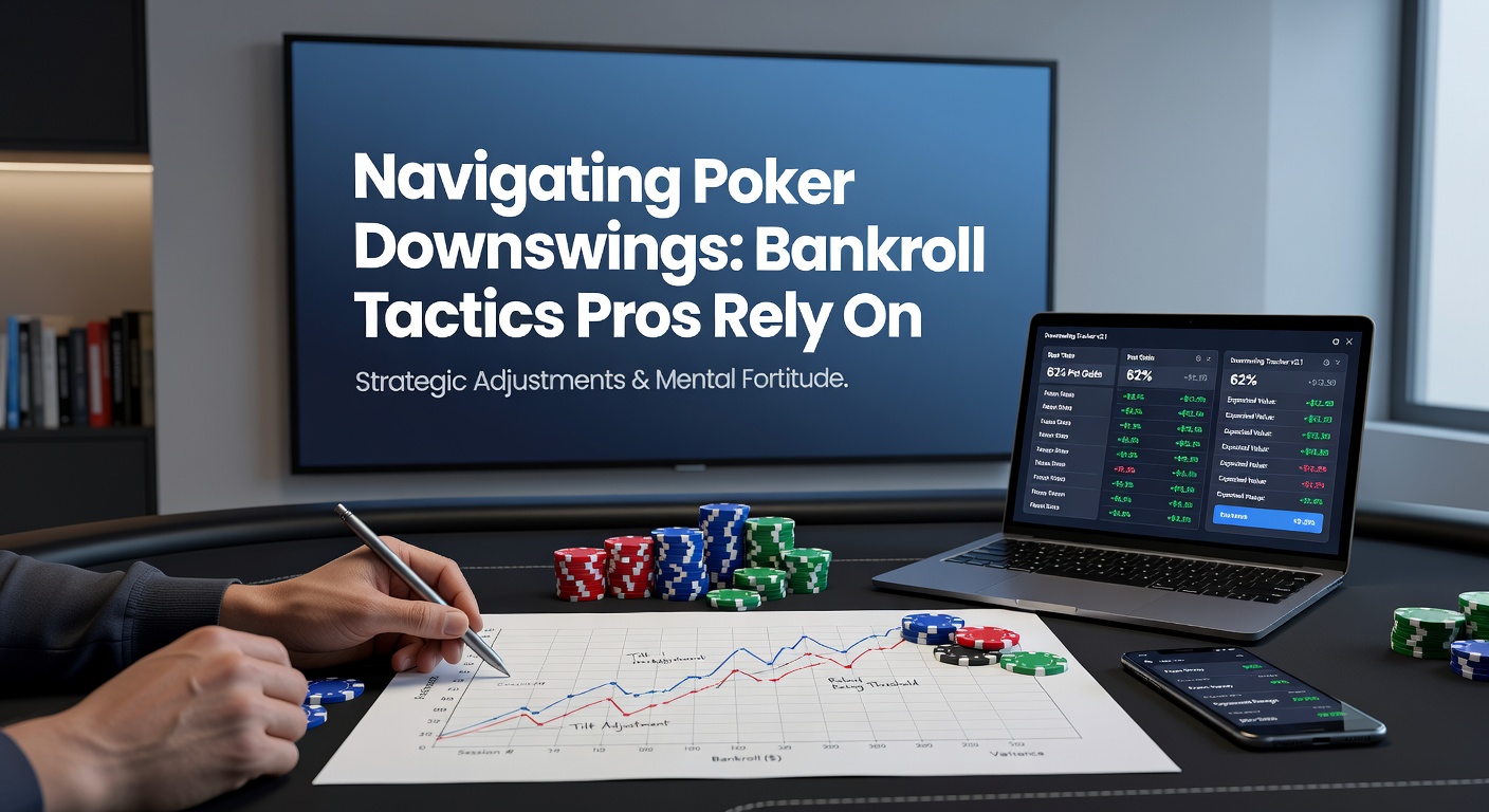 Professional poker player reviewing charts and bankroll spreadsheets during a tough downswing session