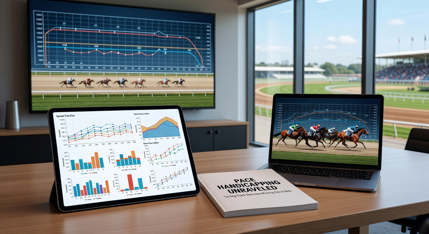 A dynamic photo of horses thundering down a racetrack, illustrating the critical role of pace in determining race outcomes