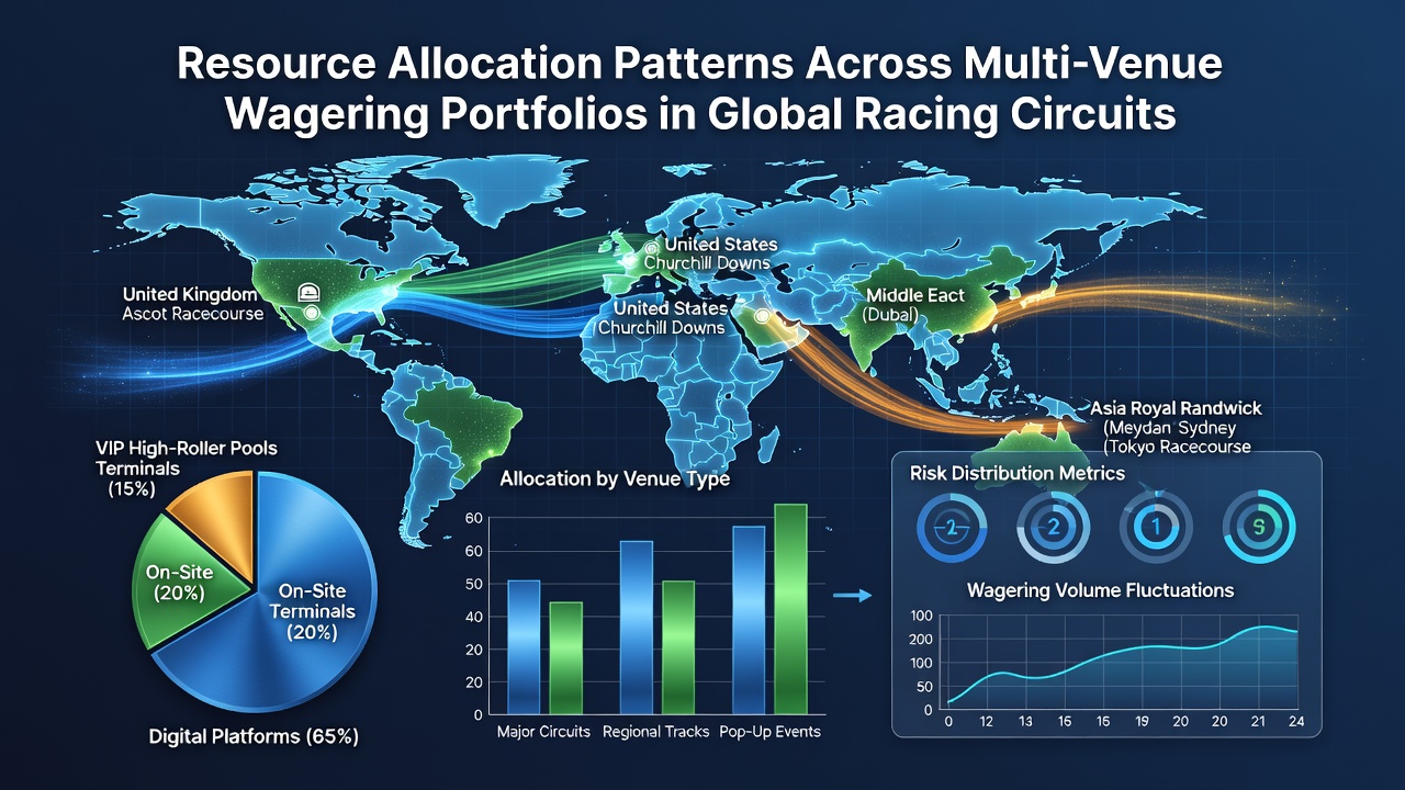 Overview of resource allocation patterns across global racing venues showing data charts and racetrack imagery