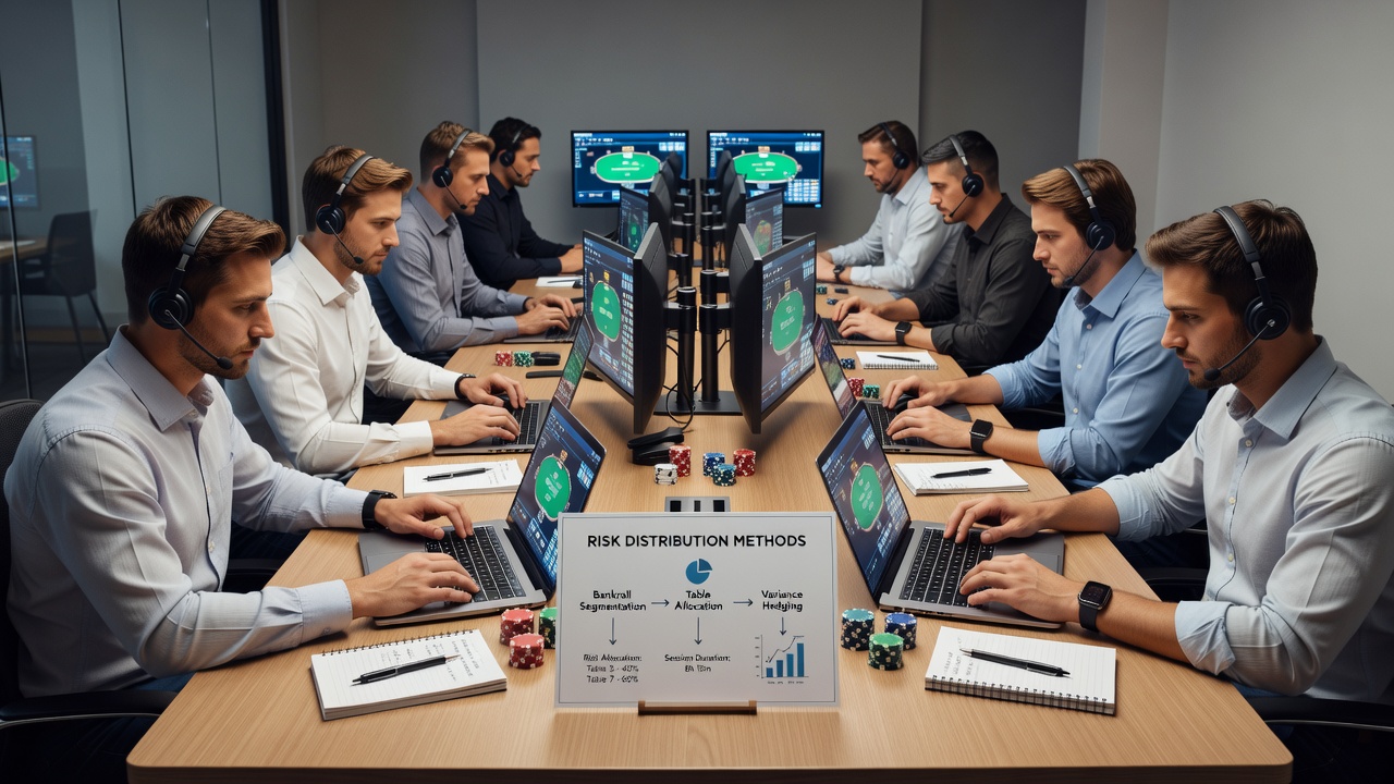 Poker player reviewing session analytics on multiple monitors while adjusting table stakes and risk parameters