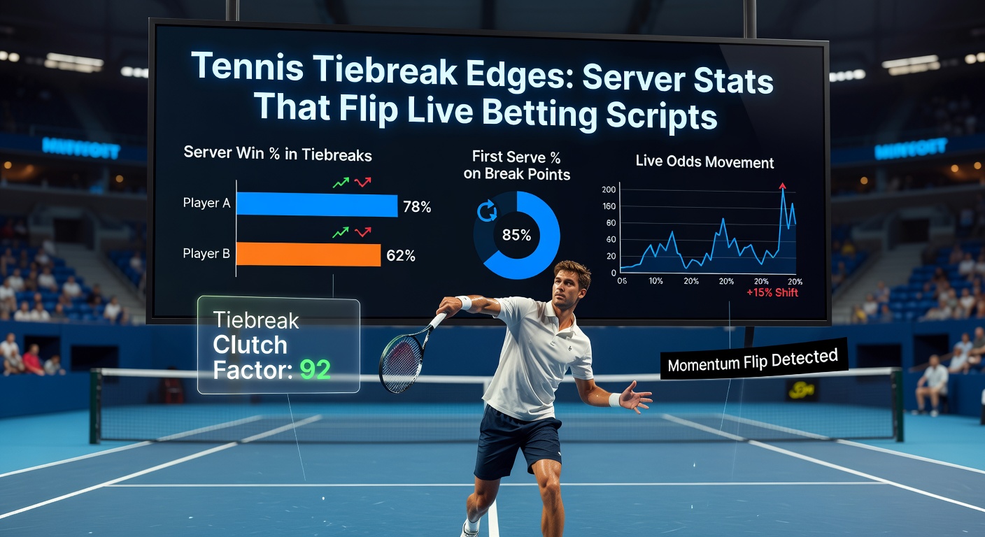Graph overlay on a tennis court showing server advantage stats in tiebreaks, with bars highlighting ace rates and first-serve percentages across ATP matches