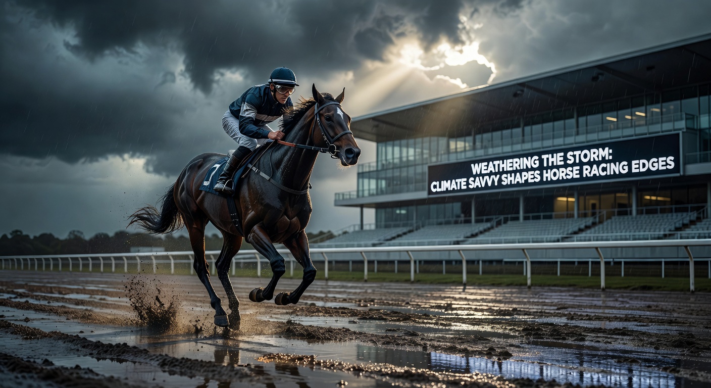 Horses charging through a rain-soaked track during a high-stakes race, spray kicking up from hooves