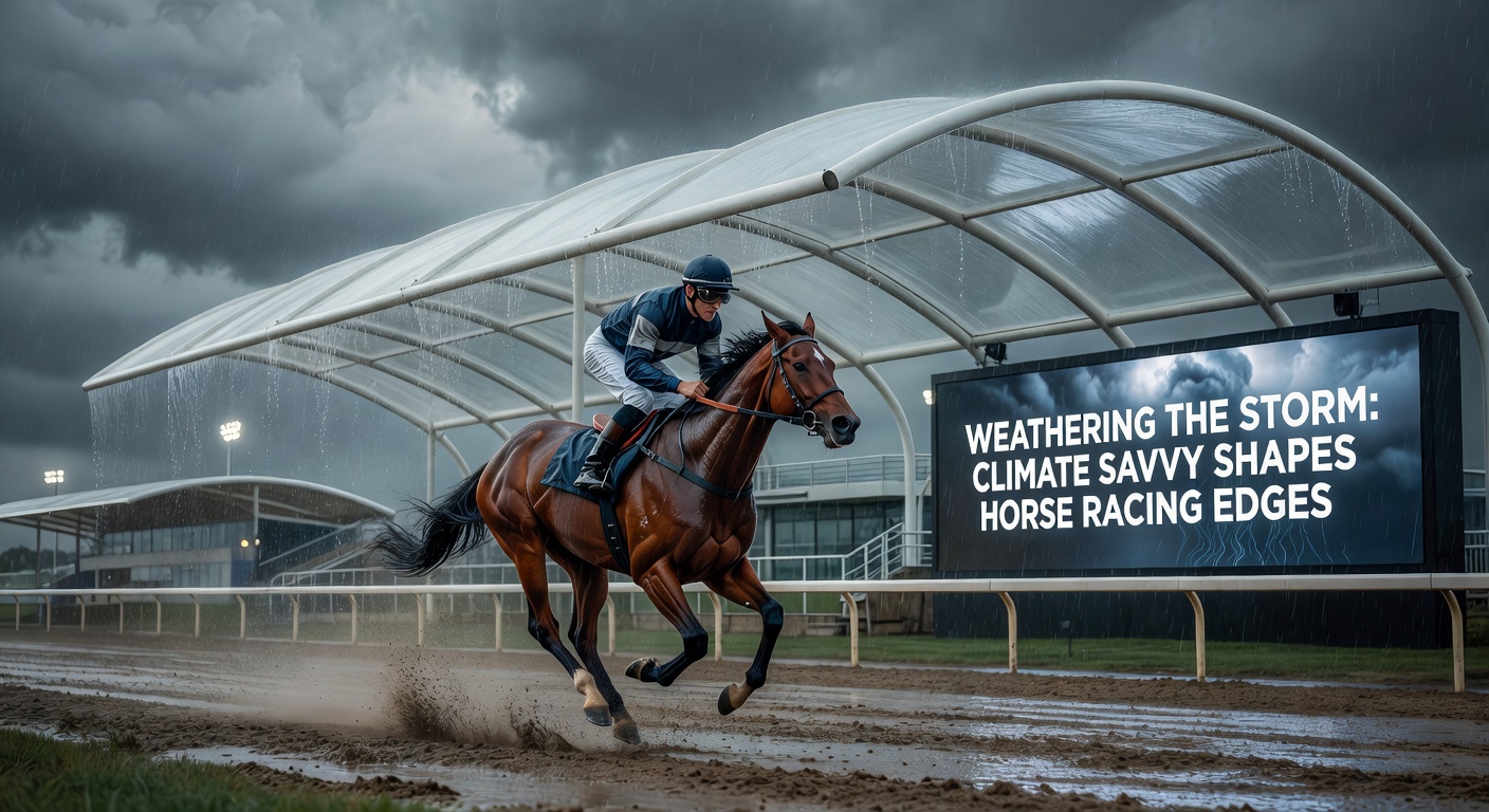 Jockeys huddled pre-race, checking weather apps amid gathering clouds over a sprawling racetrack