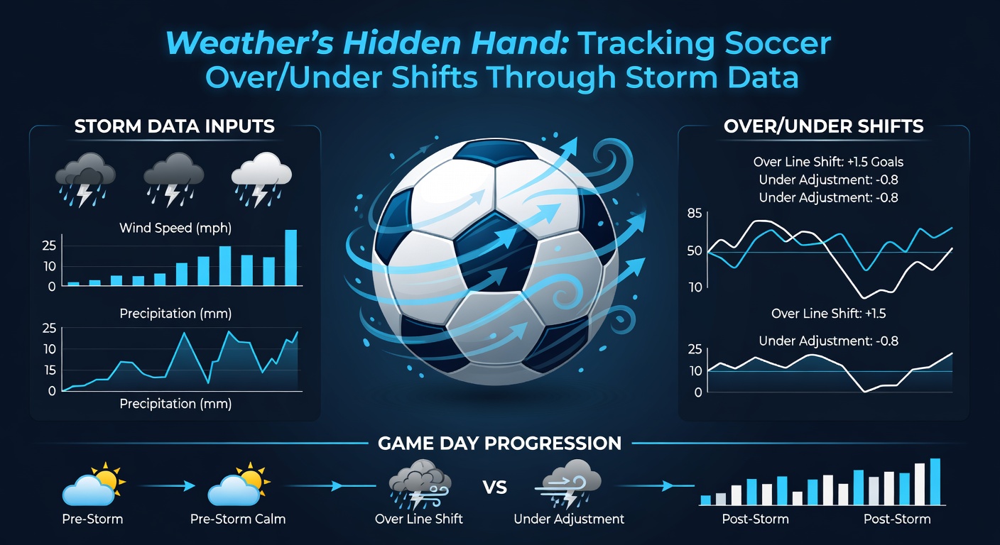 Graph overlaying soccer match goal totals with storm intensity data, showing clear correlations in over/under trends