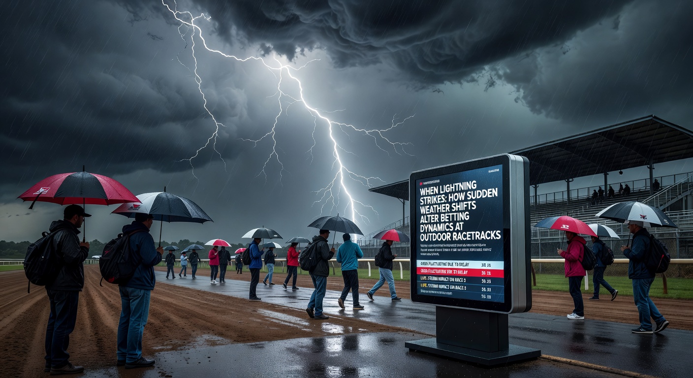 Lightning illuminating an outdoor racetrack during a sudden storm as horses and jockeys prepare for delays