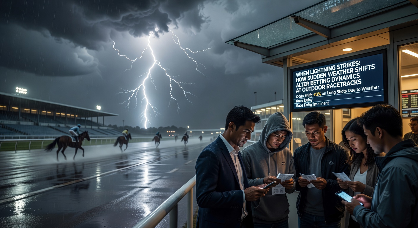 Jockeys and track officials assessing muddy conditions at an outdoor racetrack following a lightning delay
